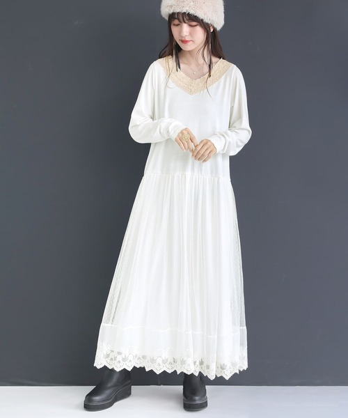 osharewalker（オシャレウォーカー）の「『贅沢レース長袖ペチワンピース』（ワンピース・レディース・オフホワイト/ブラック/グレー・2/1）」の5枚目の写真