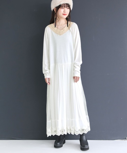 osharewalker（オシャレウォーカー）の「『贅沢レース長袖ペチワンピース』（ワンピース・レディース・オフホワイト/ブラック/グレー・2/1）」の6枚目の写真