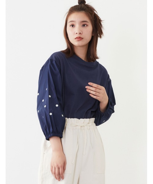 POU DOU DOU(プードゥドゥ)の「ドット刺繍スリーブトップス(Tシャツ/カットソー・レディース・ライトグレー/ネイビー/アイボリー・3)」の17枚目の写真