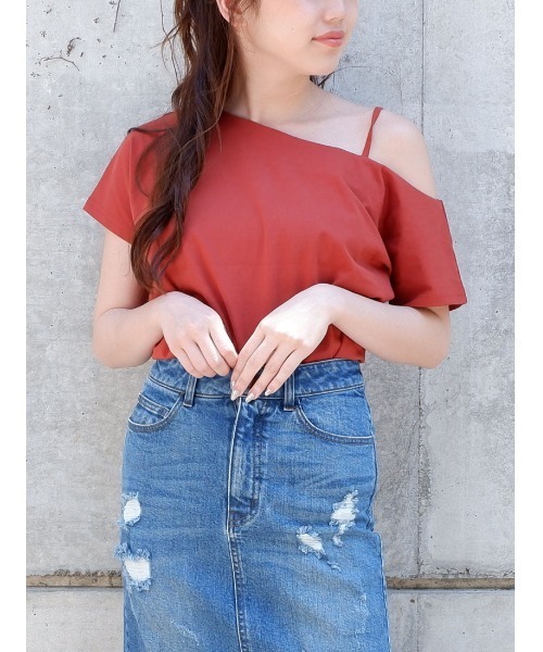 SPIRALGIRL(スパイラルガール)の「ワンショルダーシルケットトップス(Tシャツ/カットソー・レディース・ブラック/オフホワイト/オレンジ・FREE)」の1枚目の写真