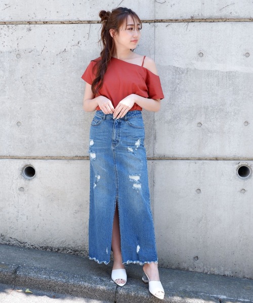 SPIRALGIRL(スパイラルガール)の「ワンショルダーシルケットトップス(Tシャツ/カットソー・レディース・ブラック/オフホワイト/オレンジ・FREE)」の7枚目の写真