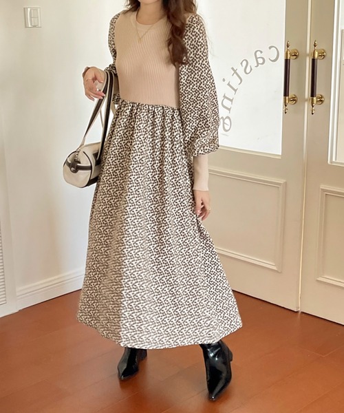 極美品 ハウスオブロータス ロングワンピース ドッキング ニット サテン 異素材 セール】異素材ドッキングリブニットロングワンピース