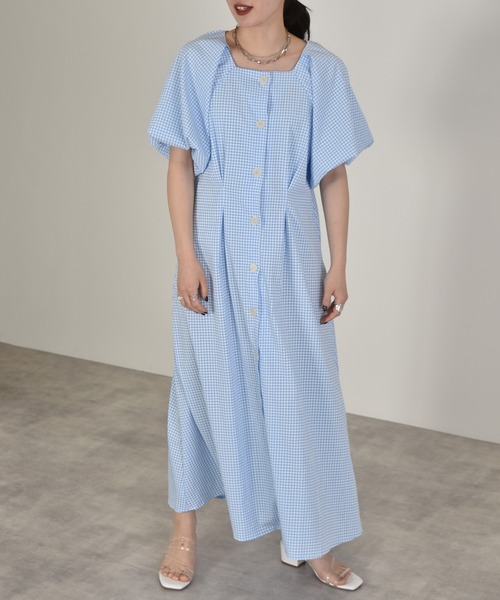 w closet（ダブルクローゼット）の「パフスリーブギンガムフレア半袖ワンピース（ワンピース・レディース・ブラック/サックスブルー/ピンク・FREE）」の5枚目の写真