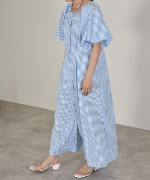 w closet（ダブルクローゼット）の「パフスリーブギンガムフレア半袖ワンピース（ワンピース・レディース・ブラック/サックスブルー/ピンク・FREE）」の9枚目の写真