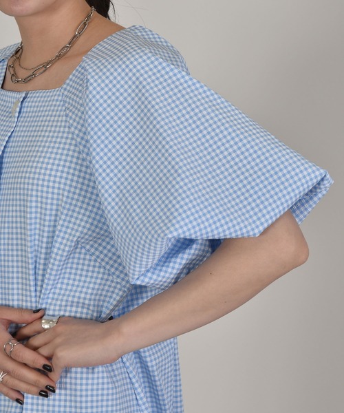 w closet（ダブルクローゼット）の「パフスリーブギンガムフレア半袖ワンピース（ワンピース・レディース・ブラック/サックスブルー/ピンク・FREE）」の11枚目の写真