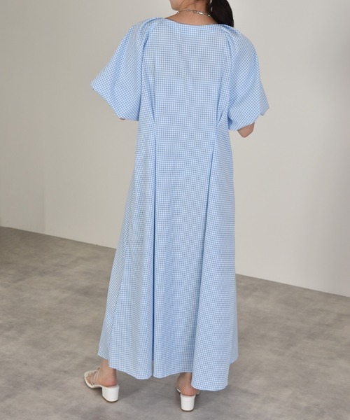 w closet（ダブルクローゼット）の「パフスリーブギンガムフレア半袖ワンピース（ワンピース・レディース・ブラック/サックスブルー/ピンク・FREE）」の14枚目の写真