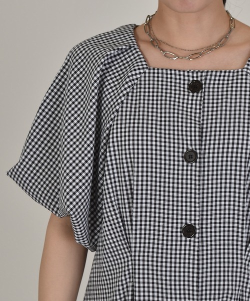 w closet（ダブルクローゼット）の「パフスリーブギンガムフレア半袖ワンピース（ワンピース・レディース・ブラック/サックスブルー/ピンク・FREE）」の21枚目の写真