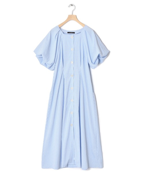 w closet（ダブルクローゼット）の「パフスリーブギンガムフレア半袖ワンピース（ワンピース・レディース・ブラック/サックスブルー/ピンク・FREE）」の4枚目の写真