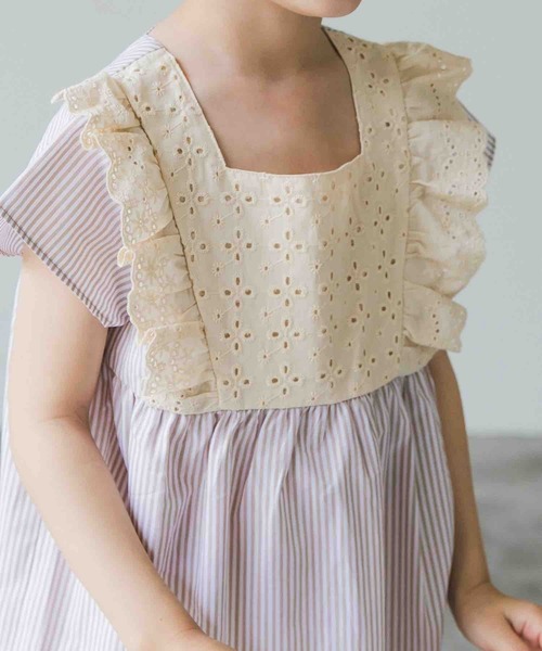 pairmanon（ペアマノン）の「肩レース フリル コットン ノースリーブ ワンピース 無地 ガールズ（ワンピース・キッズ・モカ/ラベンダー/ストライプ・130/140/150/120/100/110/90）」の9枚目の写真