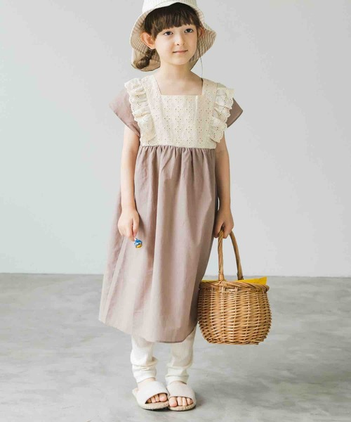 pairmanon（ペアマノン）の「肩レース フリル コットン ノースリーブ ワンピース 無地 ガールズ（ワンピース・キッズ・モカ/ラベンダー/ストライプ・130/140/150/120/100/110/90）」の5枚目の写真