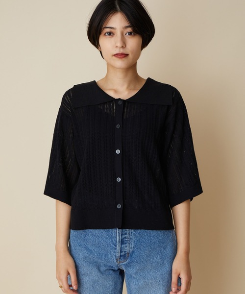 MADEMOISELLE ROPE'（マドモアゼル ロペ）の「【2WAY】セーラーカラーレース編みサマーニットカーディガン（カーディガン/ボレロ・レディース・ブラック/パープル・38）」の4枚目の写真