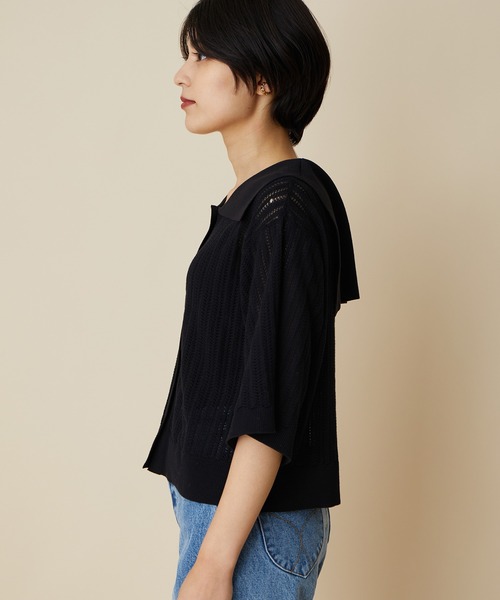 MADEMOISELLE ROPE'（マドモアゼル ロペ）の「【2WAY】セーラーカラーレース編みサマーニットカーディガン（カーディガン/ボレロ・レディース・ブラック/パープル・38）」の6枚目の写真