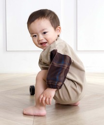 袖チェック切替ロンパース■70.80cm