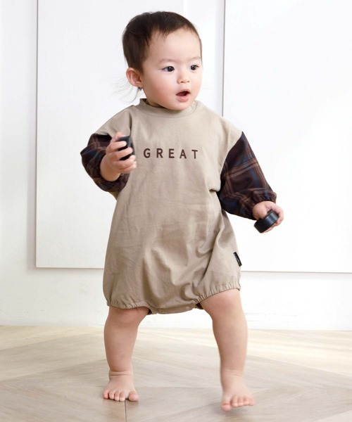 MAKE YOUR DAY（メイクユアデイ）の「袖チェック切替ロンパース■70.80cm（ロンパース・キッズ・ベージュ/チャコールグレー・70/80）」の9枚目の写真