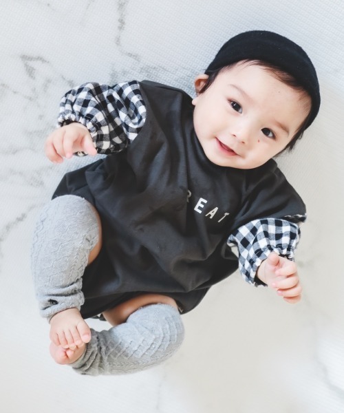 MAKE YOUR DAY（メイクユアデイ）の「袖チェック切替ロンパース■70.80cm（ロンパース・キッズ・ベージュ/チャコールグレー・70/80）」の14枚目の写真