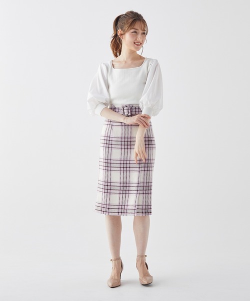 BE RADIANCE(ビーラディエンス)の「ベルト付チェックツイードスカート(スカート・レディース・ベージュ/ピンク・FREE)」の9枚目の写真