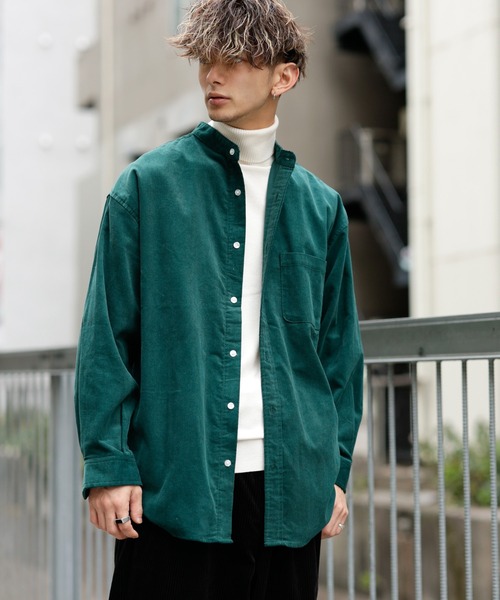 Beno(ビーノ)の「コーデュロイ バンドカラー オーバーシャツ(シャツ/ブラウス・メンズ・ブラック/ダークブラウン/ネイビー/グリーン/アイボリー・M/L)」の2枚目の写真