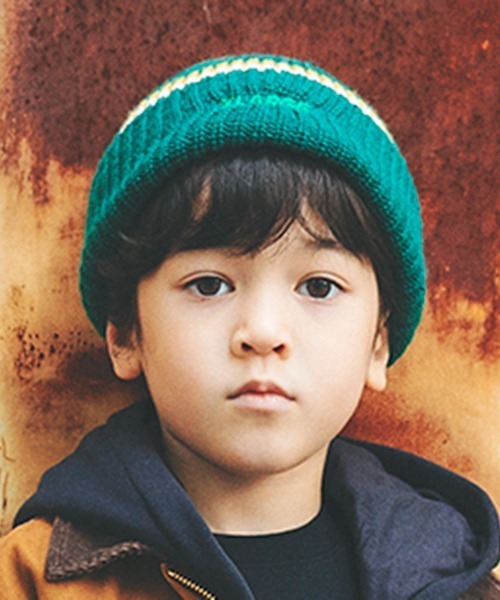 XLARGE KIDS（エクストララージキッズ）の「ラインニット帽（ニットキャップ/ビーニー・キッズ・ブラック/グリーン・FREE）」の2枚目の写真