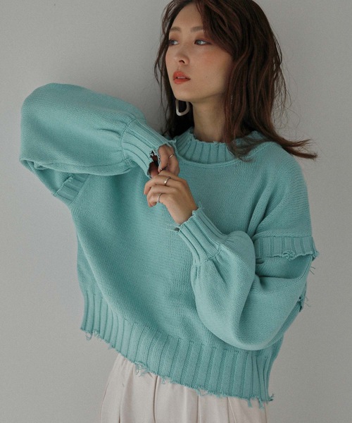 Fashion Letter(ファッションレター)の「ダメージデザインショートニット(ニット/セーター・レディース・ダークグレー/キナリ/イエロー/ブルーグリーン・M)」の4枚目の写真