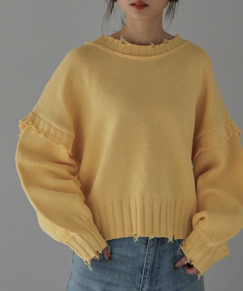 Fashion Letter(ファッションレター)の「ダメージデザインショートニット(ニット/セーター・レディース・ダークグレー/キナリ/イエロー/ブルーグリーン・M)」の1枚目の写真