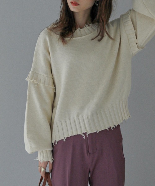 Fashion Letter(ファッションレター)の「ダメージデザインショートニット(ニット/セーター・レディース・ダークグレー/キナリ/イエロー/ブルーグリーン・M)」の2枚目の写真