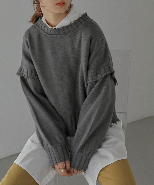Fashion Letter(ファッションレター)の「ダメージデザインショートニット(ニット/セーター・レディース・ダークグレー/キナリ/イエロー/ブルーグリーン・M)」の3枚目の写真