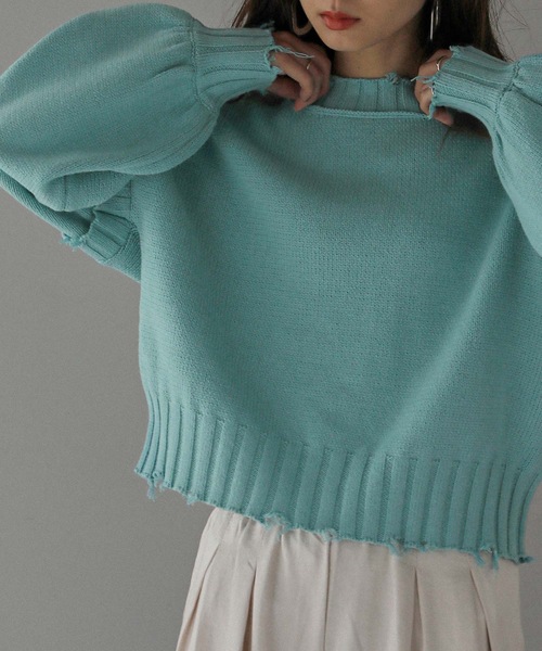 Fashion Letter(ファッションレター)の「ダメージデザインショートニット(ニット/セーター・レディース・ダークグレー/キナリ/イエロー/ブルーグリーン・M)」の11枚目の写真