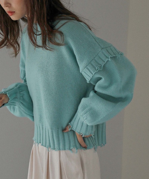 Fashion Letter(ファッションレター)の「ダメージデザインショートニット(ニット/セーター・レディース・ダークグレー/キナリ/イエロー/ブルーグリーン・M)」の20枚目の写真