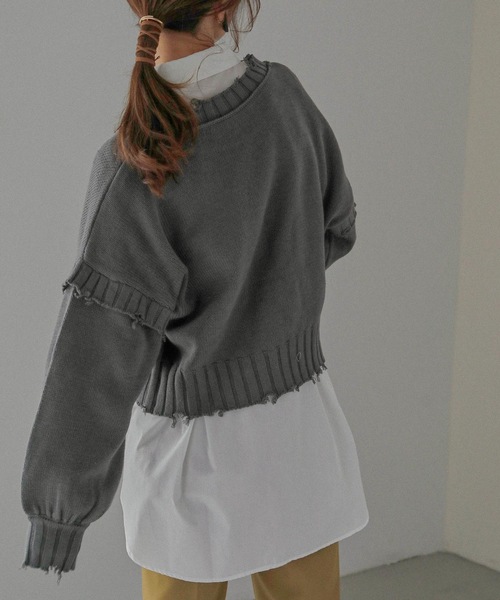 Fashion Letter(ファッションレター)の「ダメージデザインショートニット(ニット/セーター・レディース・ダークグレー/キナリ/イエロー/ブルーグリーン・M)」の19枚目の写真