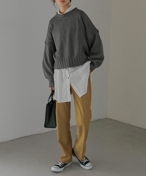 Fashion Letter(ファッションレター)の「ダメージデザインショートニット(ニット/セーター・レディース・ダークグレー/キナリ/イエロー/ブルーグリーン・M)」の15枚目の写真