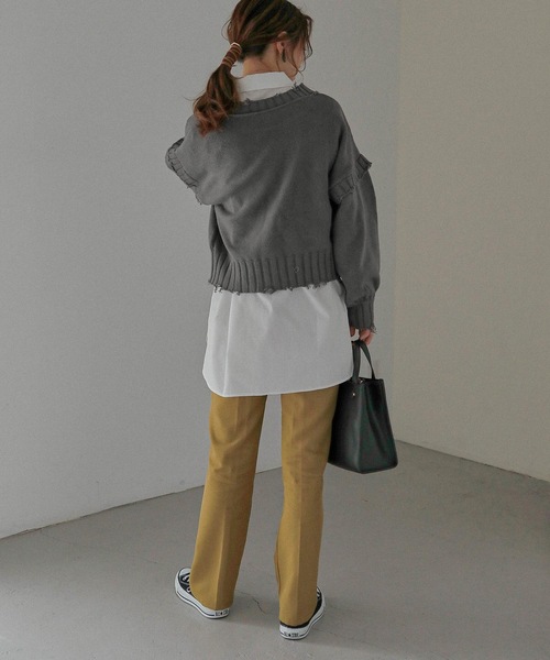 Fashion Letter(ファッションレター)の「ダメージデザインショートニット(ニット/セーター・レディース・ダークグレー/キナリ/イエロー/ブルーグリーン・M)」の6枚目の写真
