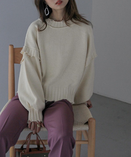 Fashion Letter(ファッションレター)の「ダメージデザインショートニット(ニット/セーター・レディース・ダークグレー/キナリ/イエロー/ブルーグリーン・M)」の14枚目の写真