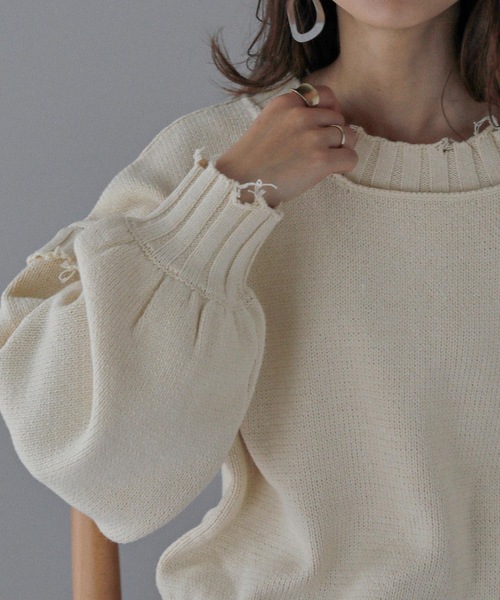 Fashion Letter(ファッションレター)の「ダメージデザインショートニット(ニット/セーター・レディース・ダークグレー/キナリ/イエロー/ブルーグリーン・M)」の5枚目の写真