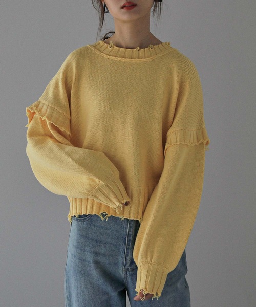 Fashion Letter(ファッションレター)の「ダメージデザインショートニット(ニット/セーター・レディース・ダークグレー/キナリ/イエロー/ブルーグリーン・M)」の16枚目の写真