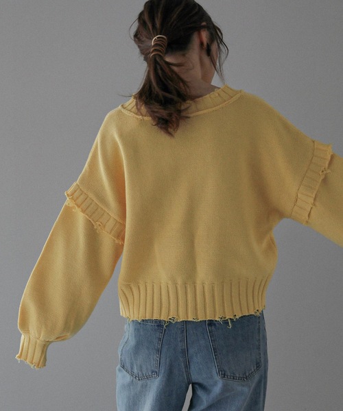 Fashion Letter(ファッションレター)の「ダメージデザインショートニット(ニット/セーター・レディース・ダークグレー/キナリ/イエロー/ブルーグリーン・M)」の7枚目の写真