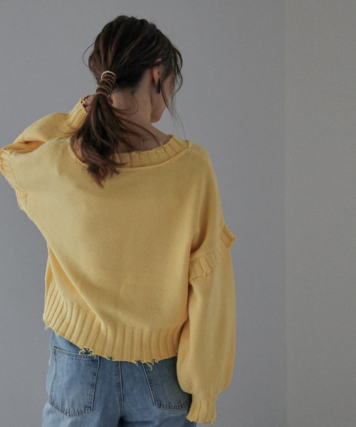 Fashion Letter(ファッションレター)の「ダメージデザインショートニット(ニット/セーター・レディース・ダークグレー/キナリ/イエロー/ブルーグリーン・M)」の12枚目の写真