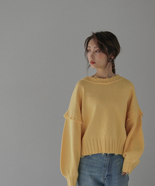 Fashion Letter(ファッションレター)の「ダメージデザインショートニット(ニット/セーター・レディース・ダークグレー/キナリ/イエロー/ブルーグリーン・M)」の21枚目の写真