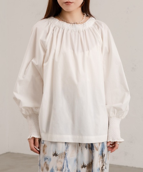 Ezick（エジック）の「タイプライターギャザーブラウス（シャツ/ブラウス・レディース・オレンジ/オフホワイト・FREE）」の10枚目の写真