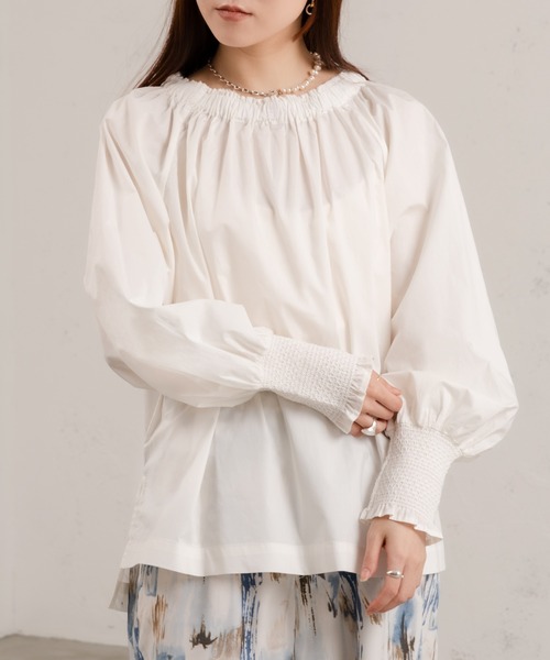 Ezick（エジック）の「タイプライターギャザーブラウス（シャツ/ブラウス・レディース・オレンジ/オフホワイト・FREE）」の9枚目の写真