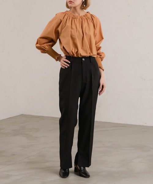 Ezick（エジック）の「タイプライターギャザーブラウス（シャツ/ブラウス・レディース・オレンジ/オフホワイト・FREE）」の6枚目の写真