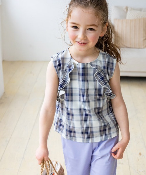 kidsチェックフリルノースリーブブラウス