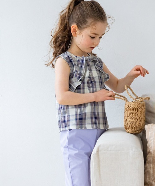 kidsチェックフリルノースリーブブラウス