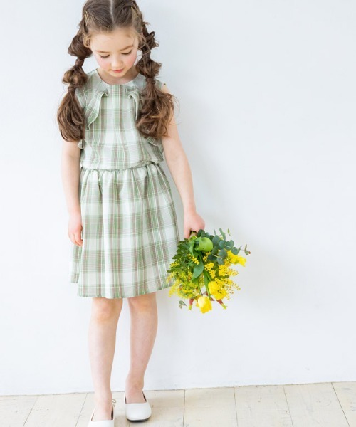 kidsチェックフリルノースリーブブラウス