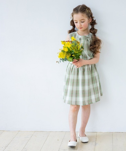 kidsチェックフリルノースリーブブラウス