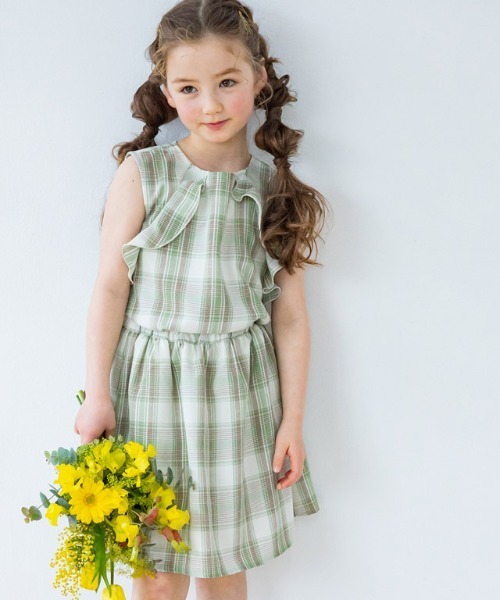 kidsチェックフリルノースリーブブラウス