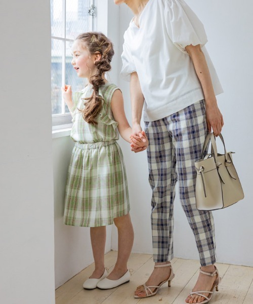 lulpini（ルルピー二）の「kids　チェックフリルノースリーブブラウス（Tシャツ/カットソー・キッズ・ミント/ネイビー・S/M/L）」の6枚目の写真