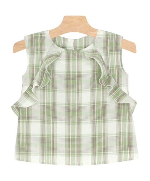 lulpini（ルルピー二）の「kids　チェックフリルノースリーブブラウス（Tシャツ/カットソー・キッズ・ミント/ネイビー・S/M/L）」の20枚目の写真