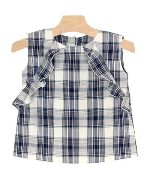lulpini（ルルピー二）の「kids　チェックフリルノースリーブブラウス（Tシャツ/カットソー・キッズ・ミント/ネイビー・S/M/L）」の7枚目の写真