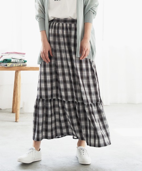LBC（エルビーシー）の「チェック楊柳ティアードスカート（スカート・レディース・ブラック/ネイビー/グリーン・M）」の2枚目の写真