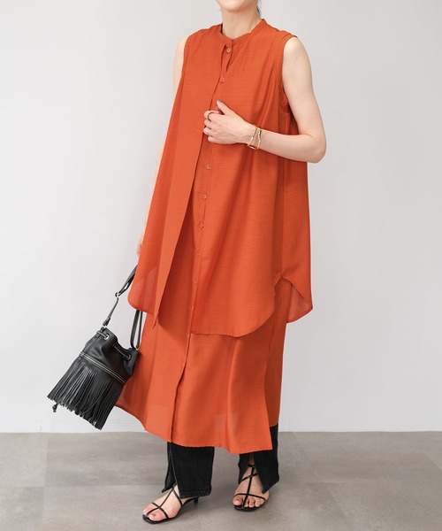 ANDJ(アンドジェイ)の「スラブジョーゼットレイヤード風ワンピース(シャツワンピース・レディース・ホワイト/オレンジ系その他/ブラック/グリーン・M)」の4枚目の写真